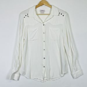 Ariat Western Metal Studded Ivory Crepe‎ Long Sleeve Shirt Top Womens Medium